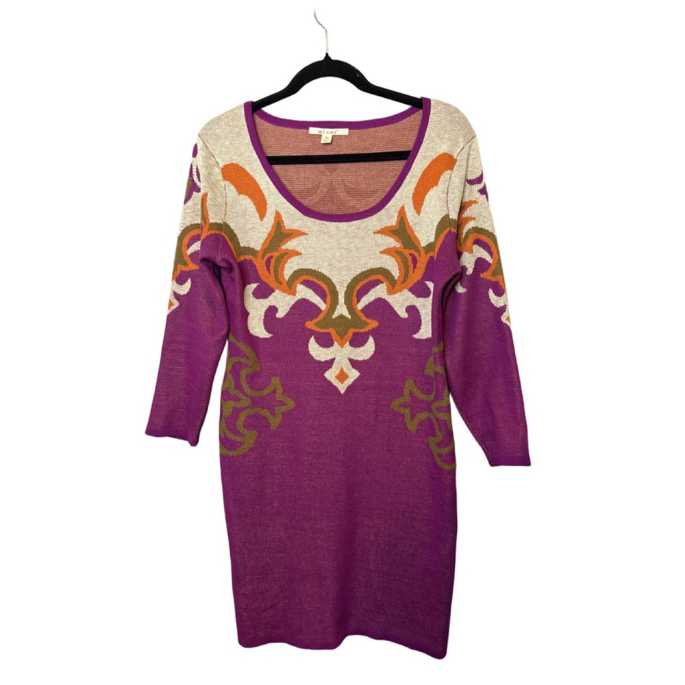 Francesca Miami Purple Beige Pattern Long Sleeve Dress Scoop Neck Size M